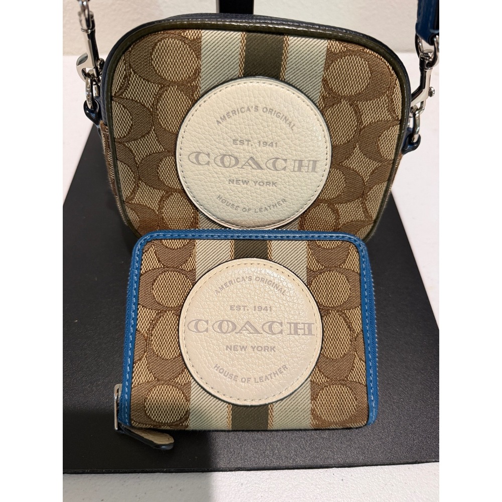 Coach Dempsey Camera Bag and Wallet Set Signature Jacquard Blue Khaki 2635